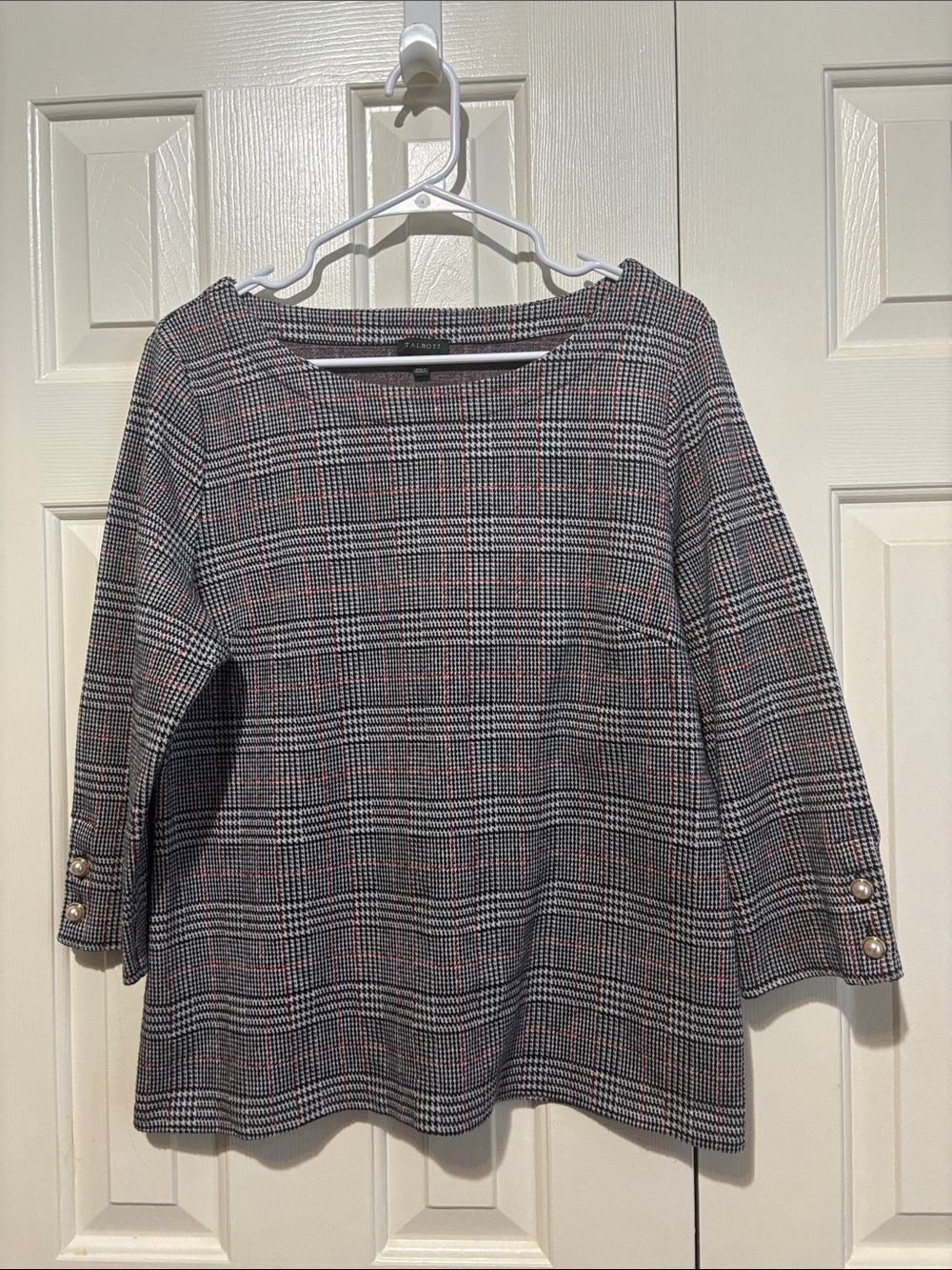 Talbots Plaid Boatneck Top - Black, Gray & Red Sz XL